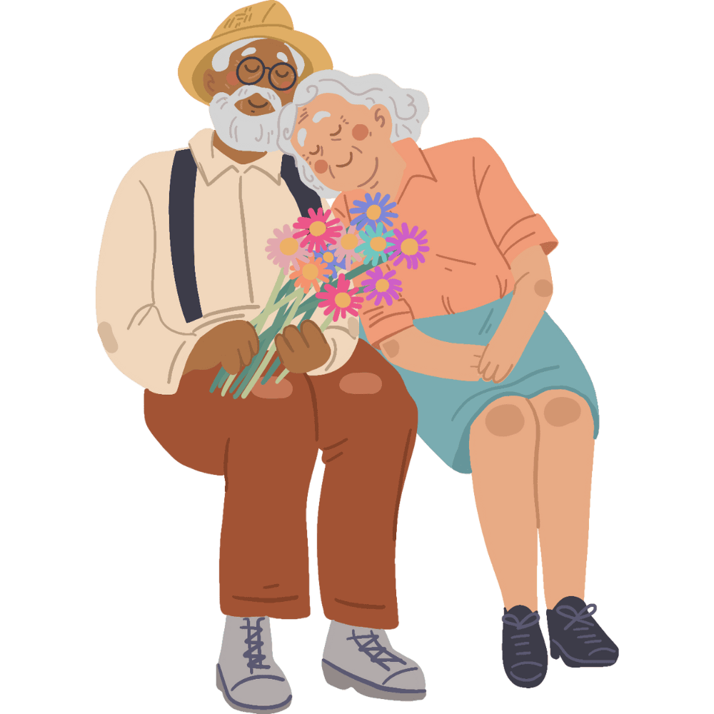 Graphic of Old Married Couple Resting on Each Others' Shoulders with Man Holding Flowers