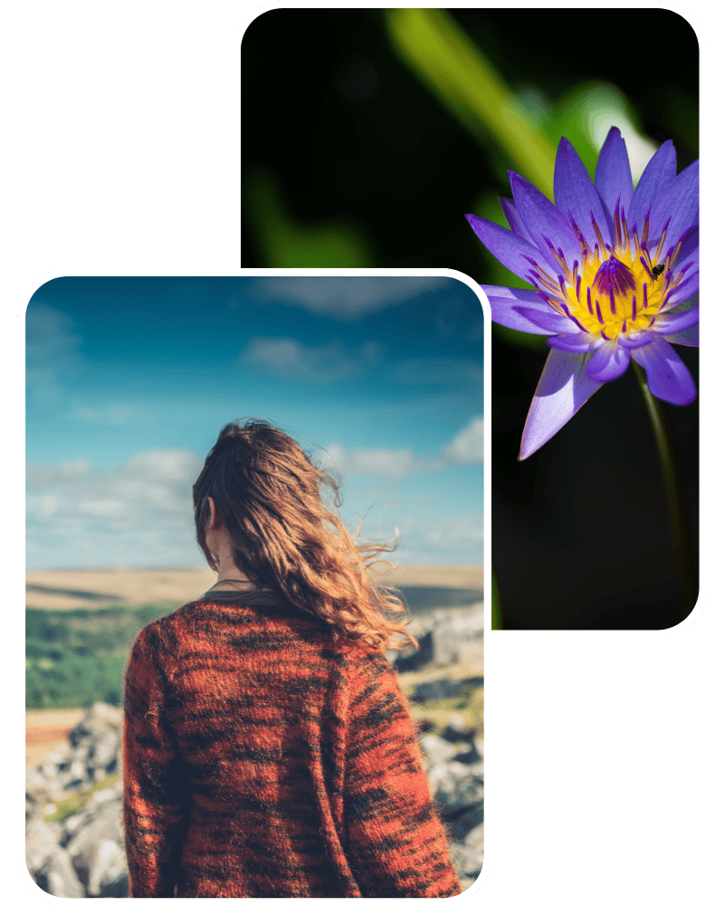 Girl in Red Sweater Shown Thinking About Therapy Combined with Blue Lotus Flower
