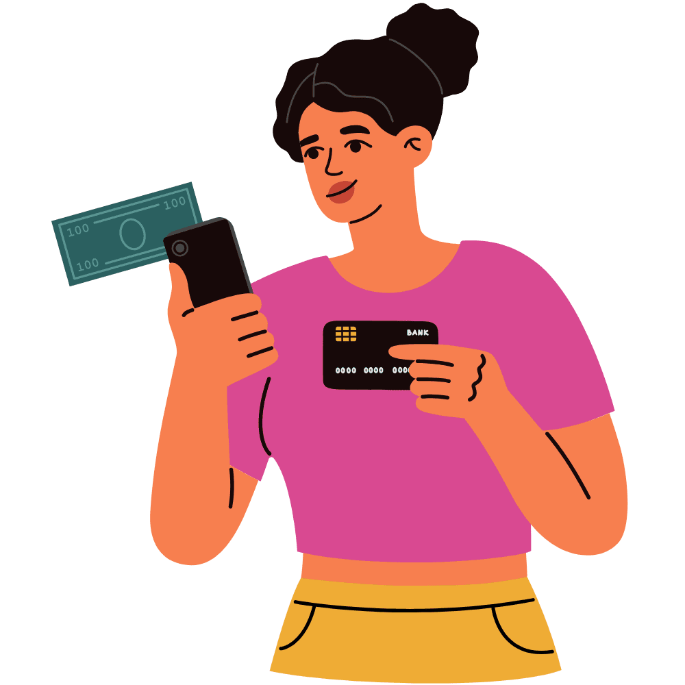 Drawing of Woman in Pink Blouse Using Credit Card to Conveniently Pay for Online Therapy Visit