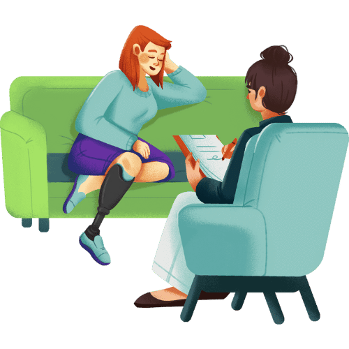 Redhead Woman Patient with Artificial Leg Discusses Her Issues with a Therapist in Office