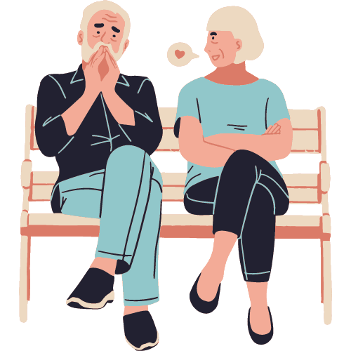 Old Happy Couple Sitting on a Bench with Woman Blowing a Kiss to Her Husband