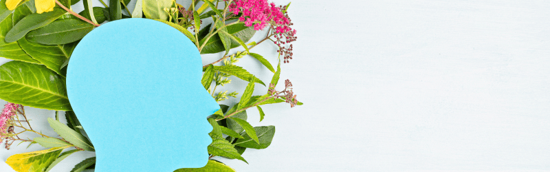 Blue Paper Cutout of Head on Top of Flowers and Leaves in Banner Style Representing Professional Mental Health