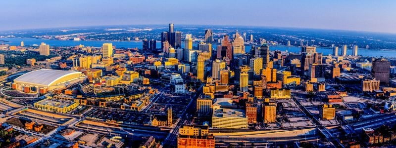 Distance Panoramic Image of the City of Detroit, Michigan in the Middle of the Daytime with River in the Background