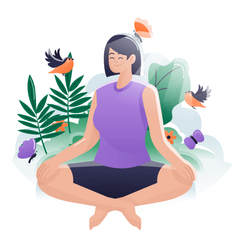 Woman with a Purple Shirt Surrounded by Nature Doing a Meditative Pose while Seeking Personal Growth