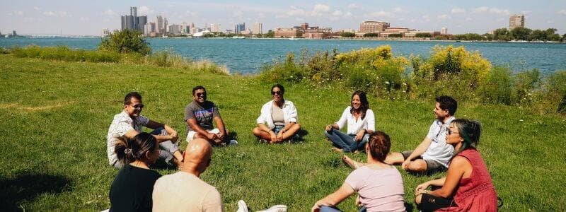 Live Picture of Nava Therapy Group Therapy Session with City of Detroit in Background